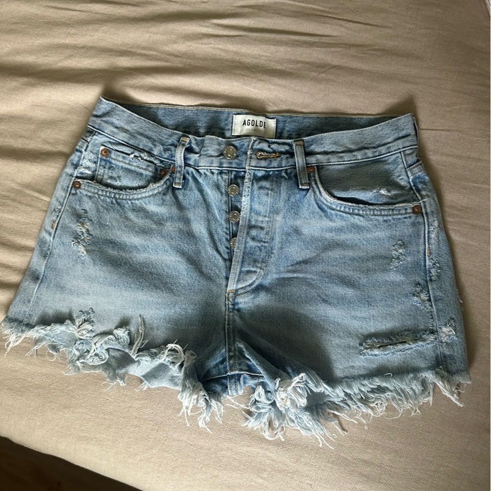 AGOLDE Light Blue Distressed Denim Cutoff Shorts